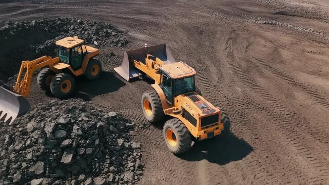 Two yellow front end loaders operating in a quarry or construction site.