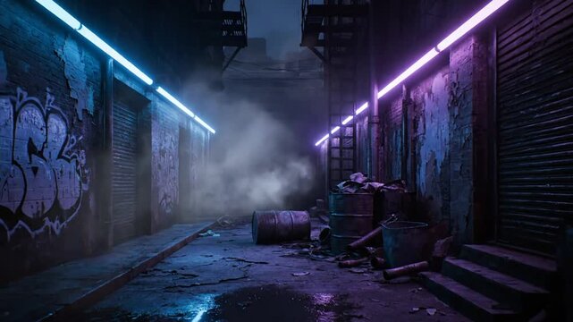 Neon lit urban alleyway with graffiti and fog creating a cyberpunk atmosphere