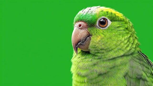 Close-up portrait of a green parrot with a large beak and expressive eyes on a solid green background.
