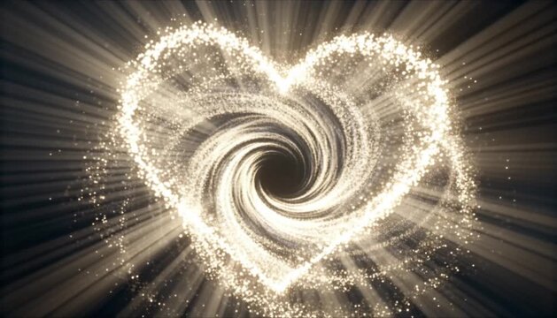 Abstract swirling heart vortex of glowing light points emerging from center and dissipating for valentines day and romantic futuristic energy background