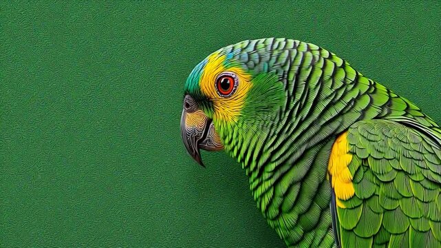Close-up profile shot of a vibrant green parrot with yellow and blue feathers against a solid green background.