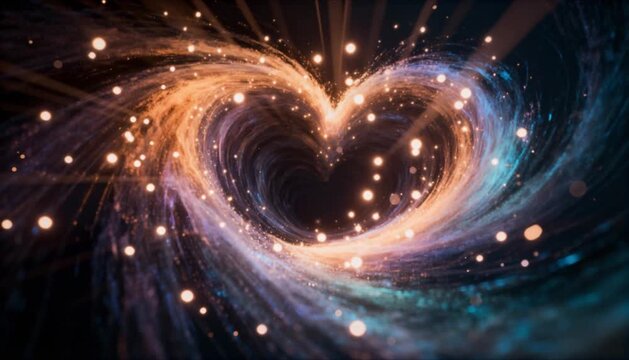 Abstract swirling heart vortex of glowing light points emerging from center and dissipating for valentines day and romantic futuristic energy background