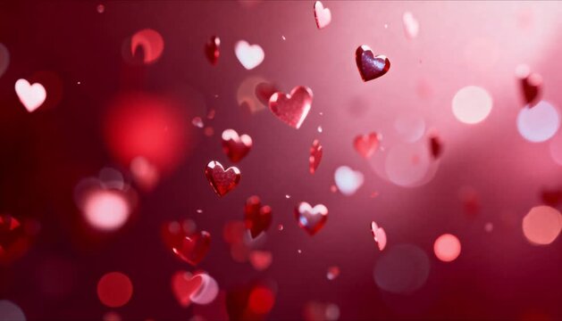 Dozens of tiny floating heart particles drifting slowly upward in deep ruby red and blush pink with parallax motion for valentines day and romantic dreamlike background