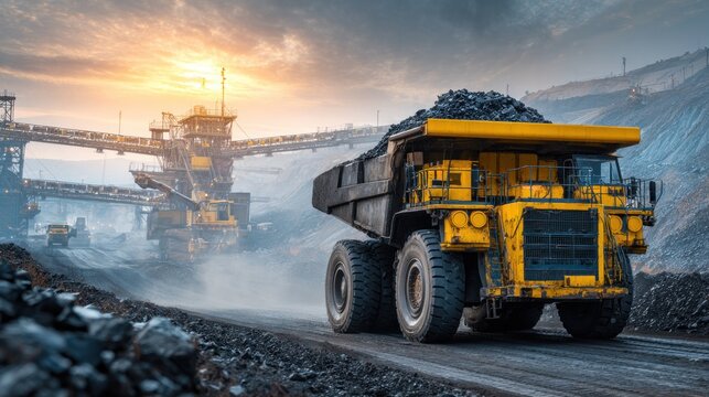 A large yellow mining truck transporting coal on a dusty road with a coal mine in the background.