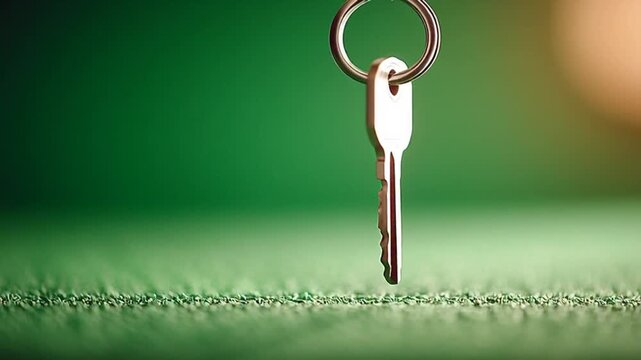Close-up of a shiny metal key hanging from a keyring against a blurred green background with a shallow depth of field.