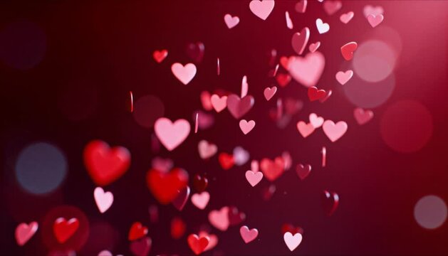 Dozens of tiny floating heart particles drifting slowly upward in deep ruby red and blush pink with parallax motion for valentines day and romantic dreamlike background