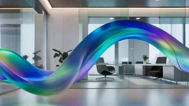 Modern office interior with glass wall, minimalist furniture, abstract wave of blue and green light, contemporary workspace, vibrant digital art, creative atmosphere, inspiring mood, innovative