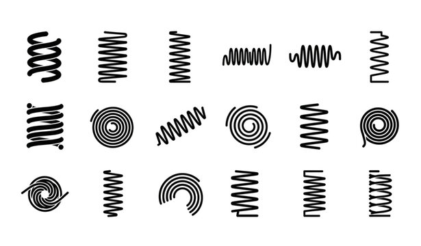 Metal spiral spring and coil silhouette vector icon set isolated on transparent background