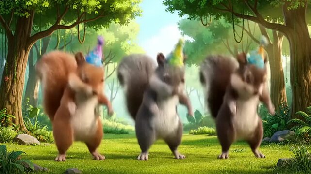 Three cheerful animated squirrels don colorful party hats and energetically dance with joyful movements in a vibrant, sunlit forest clearing, celebrating a festive occasion with playful abandon