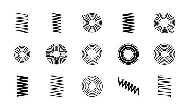 Minimal mechanical spiral spring and steel coil vector icon collection isolated on transparent background