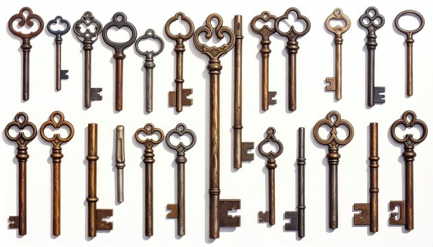 Antique keys lined up in rows on a white surface, creating a visual collection