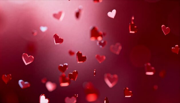 Dozens of tiny floating heart particles drifting slowly upward in deep ruby red and blush pink with parallax motion for valentines day and romantic dreamlike background