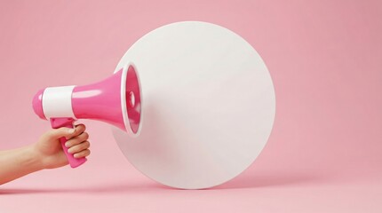 A human hand holds a vibrant pink and white megaphone directed towards a large blank white circular speech bubble on a soft pink background, symbolizing announcement or communication.