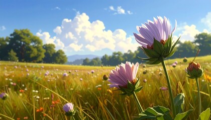 Lush meadow scene with tall, golden grass and vibrant wildflowers. A partially cloudy sky with distant hills completes the peaceful view