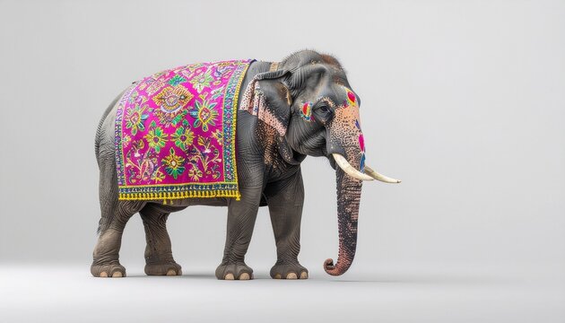 Majestic Indian Elephant Adorned in Vibrant Traditional Garb Standing Proudly in Studio Setting
