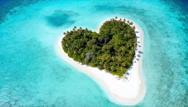 Aerial view of heart shaped island in turquoise ocean tropical paradise for valentines day and romantic luxury travel destination background
