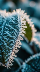 Naklejka premium Frozen Leaf Edges Glistening With Frost Crystals In Winter Sunlight