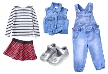 cute denim outfit for a child, featuring overalls, a striped long-sleeve shirt, plaid skirt, and silver mary jane shoes.
