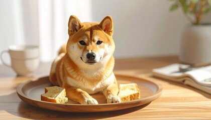 Dog on plate with food indoors.