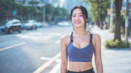 Fototapeta premium A young woman in a blue sports bra and black leggings standing on a city street.