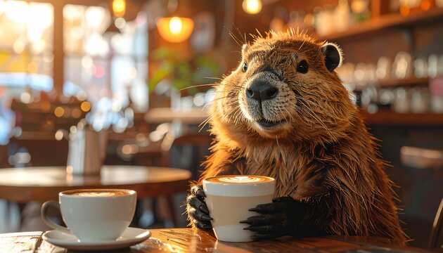 Brown beaver holding coffee cup smiling.