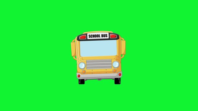 Vector illustration of a yellow school bus showing moving forward, isolated on a green background, for back to school educational transportation.
