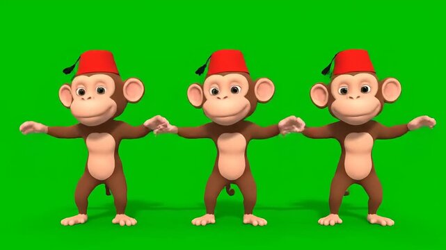 Three cartoon monkeys wearing red fez hats standing in a line against a green screen background