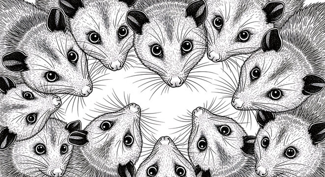 Vintage engraving sketch of wide eyed opossum peering downward in a circular arrangement with highly expressive face and long whisker depicting nocturnal marsupial wildlife in artistic style