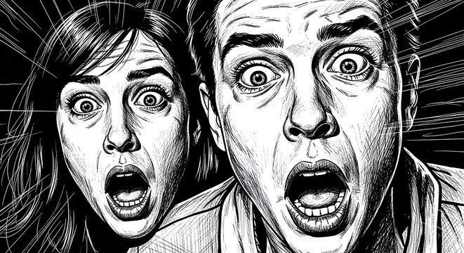 Dramatic low angle perspective of two surprised human faces gazing down with wide eyes and open mouth in a classic comic book storyboard or vintage woodcut engraving sketch artistic style.