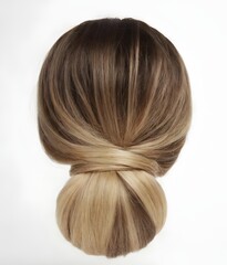 
A back view of a hair bun with light brown to blonde ombre. Sleek, stylish, and modern hairstyle.