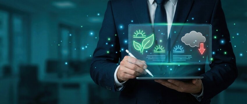Green Business Evolution: A well-dressed professional is engrossed in the latest technology to assess and improve the eco-footprint of his or her business, using a digital display