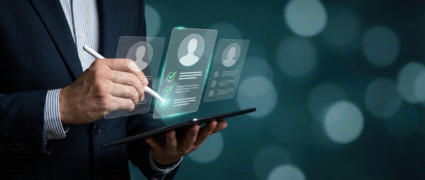 HR professional exploring candidate profiles digitally.