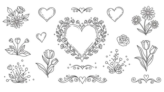 Collection of ornate heart and floral designs in black and white