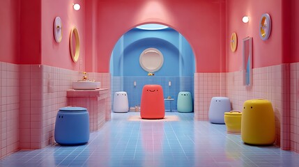 Vibrant bathroom interior with pastel pink walls blue floor and colorful stools in a futuristic design with minimalist decor and soft lighting