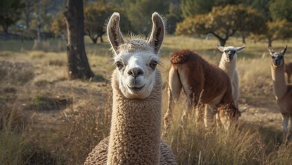 Obraz premium Llamas, originating from South America, are social creatures that group together and exhibit diverse postures