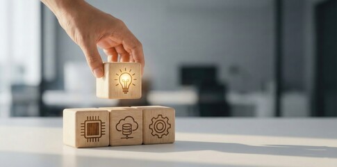 Innovation with blocks: An artistic image shows a hand placing a block with a lightbulb icon representing the final piece of the innovative solution. This imagery symbolizing creativity and new ideas.