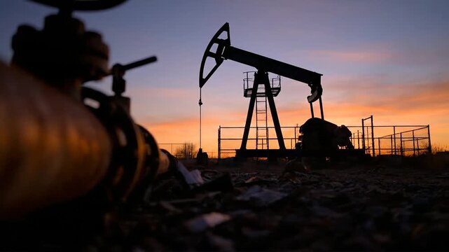 Oil pumpjack operating in Venezuela, South America during a dramatic sunset, signifying an attack on energy resources