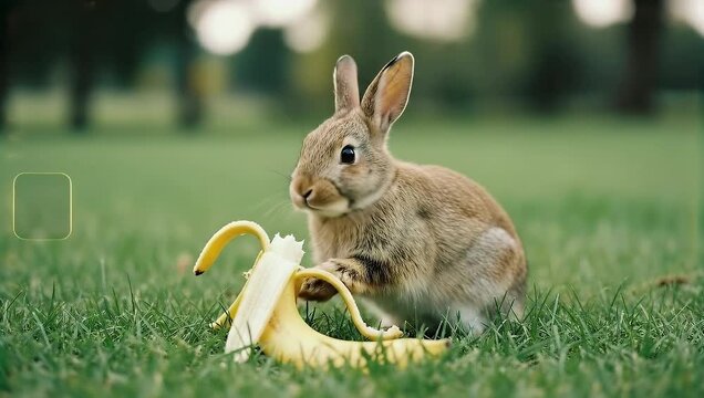 Adorable Bunny Enjoying Banana Snack in Lush Green Grass Outdoors