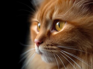Close-up portrait of a fluffy ginger cat with striking yellow eyes, captured in a moment of intense focus against a dark background