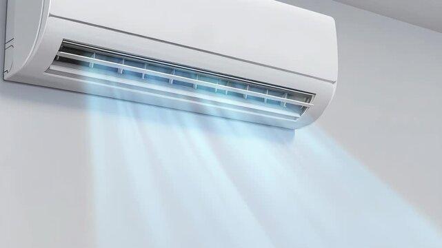 A white air conditioner mounted on a wall releases a cool breeze, indicated by blue light rays.