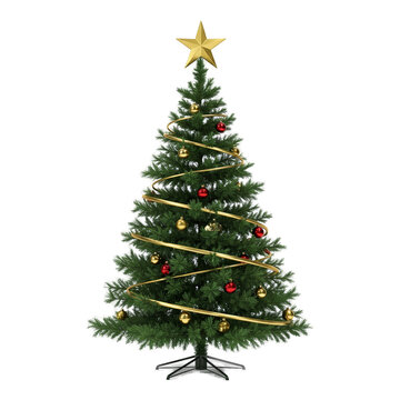 Realistic 3D Christmas Tree With Golden Star Red Baubles Green And Gold Ribbons