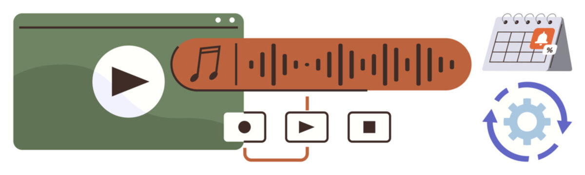 Audio production, video editing, media controls, content scheduling, streaming services, workflow automation. Media playback screen and control icons. Audio production and video editing concept