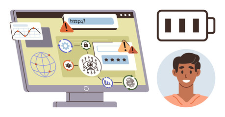 Fototapeta premium Cybersecurity, online privacy, data protection, internet safety, digital identity, system warning. A computer screen with security alerts, network icons and battery level. Cybersecurity and online