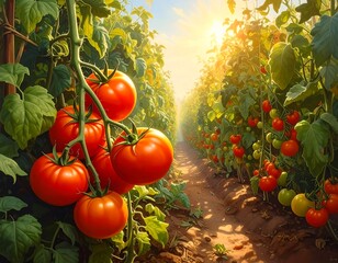 Lush rows of ripening fruit, bathed in sunlight. Green leaves surround vibrant, red orbs. A sunlit path leads into the distance