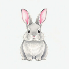 Obraz premium A cute gray rabbit with pink ears sits on a white background looking directly at the camera.