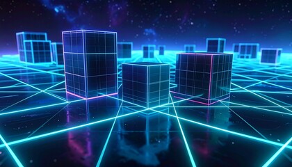 Obraz premium neon grid background with glowing cubes.