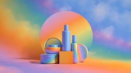Modern cosmetic products arranged on colorful pastel background with soft lighting and vibrant colors