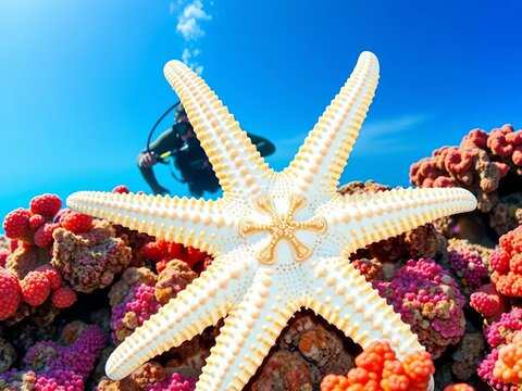 Bright starfish on colorful coral, diver in background, azure sky,  diver,  coral