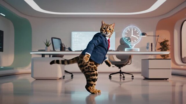 Cat wearing a formal tie and coat dancing joyfully inside a futuristic modern office, surreal and humorous motion showing relief and playful freedom after work stress