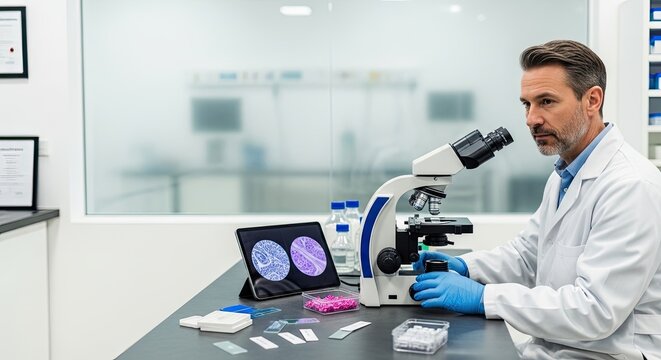 A man in a lab coat using a microscope in a laboratory.